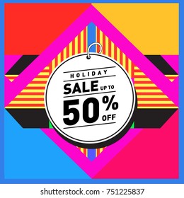 Summer and Autumn Holiday sale memphis style web banner. Fashion and travel discount poster. Vector holiday Abstract colorful illustration with special offer and promotion.