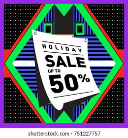 Summer and Autumn Holiday sale memphis style web banner. Fashion and travel discount poster. Vector holiday Abstract colorful illustration with special offer and promotion.