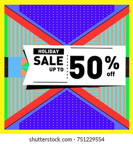 Summer and Autumn Holiday sale memphis style web banner. Fashion and travel discount poster. Vector holiday Abstract colorful illustration with special offer and promotion.