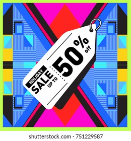 Summer and Autumn Holiday sale memphis style web banner. Fashion and travel discount poster. Vector holiday Abstract colorful illustration with special offer and promotion.