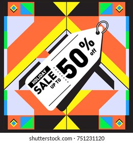 Summer and Autumn Holiday sale memphis style web banner. Fashion and travel discount poster. Vector holiday Abstract colorful illustration with special offer and promotion.