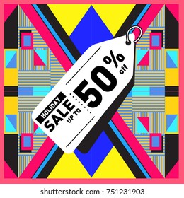 Summer and Autumn Holiday sale memphis style web banner. Fashion and travel discount poster. Vector holiday Abstract colorful illustration with special offer and promotion.