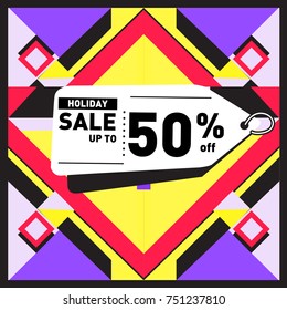 Summer and Autumn Holiday sale memphis style web banner. Fashion and travel discount poster. Vector holiday Abstract colorful illustration with special offer and promotion.