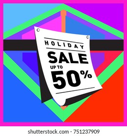 Summer and Autumn Holiday sale memphis style web banner. Fashion and travel discount poster. Vector holiday Abstract colorful illustration with special offer and promotion.