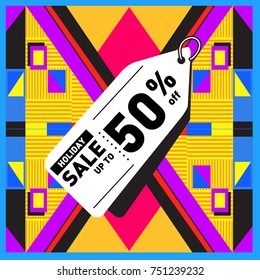 Summer and Autumn Holiday sale memphis style web banner. Fashion and travel discount poster. Vector holiday Abstract colorful illustration with special offer and promotion.