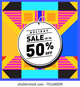 Summer and Autumn Holiday sale memphis style web banner. Fashion and travel discount poster. Vector holiday Abstract colorful illustration with special offer and promotion.