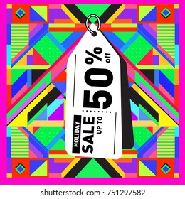 Summer and Autumn Holiday sale memphis style web banner. Fashion and travel discount poster. Vector holiday Abstract colorful illustration with special offer and promotion.