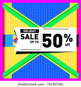 Summer and Autumn Holiday sale memphis style web banner. Fashion and travel discount poster. Vector holiday Abstract colorful illustration with special offer and promotion.