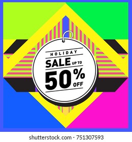 Summer and Autumn Holiday sale memphis style web banner. Fashion and travel discount poster. Vector holiday Abstract colorful illustration with special offer and promotion.