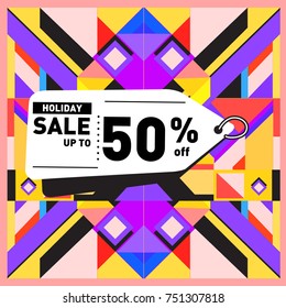 Summer and Autumn Holiday sale memphis style web banner. Fashion and travel discount poster. Vector holiday Abstract colorful illustration with special offer and promotion.