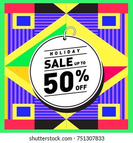 Summer and Autumn Holiday sale memphis style web banner. Fashion and travel discount poster. Vector holiday Abstract colorful illustration with special offer and promotion.