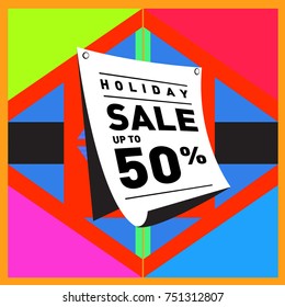 Summer and Autumn Holiday sale memphis style web banner. Fashion and travel discount poster. Vector holiday Abstract colorful illustration with special offer and promotion.