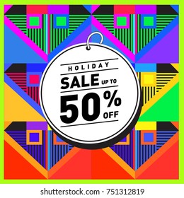 Summer and Autumn Holiday sale memphis style web banner. Fashion and travel discount poster. Vector holiday Abstract colorful illustration with special offer and promotion.
