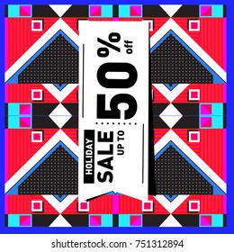 Summer and Autumn Holiday sale memphis style web banner. Fashion and travel discount poster. Vector holiday Abstract colorful illustration with special offer and promotion.