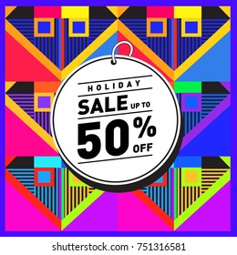 Summer and Autumn Holiday sale memphis style web banner. Fashion and travel discount poster. Vector holiday Abstract colorful illustration with special offer and promotion.