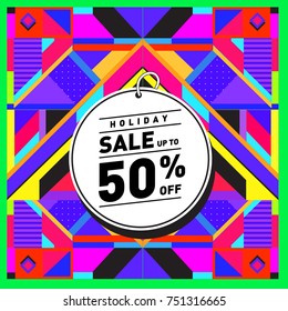 Summer and Autumn Holiday sale memphis style web banner. Fashion and travel discount poster. Vector holiday Abstract colorful illustration with special offer and promotion.