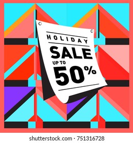 Summer and Autumn Holiday sale memphis style web banner. Fashion and travel discount poster. Vector holiday Abstract colorful illustration with special offer and promotion.