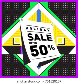 Summer and Autumn Holiday sale memphis style web banner. Fashion and travel discount poster. Vector holiday Abstract colorful illustration with special offer and promotion.