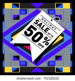 Summer and Autumn Holiday sale memphis style web banner. Fashion and travel discount poster. Vector holiday Abstract colorful illustration with special offer and promotion.