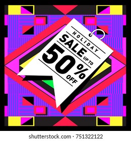 Summer and Autumn Holiday sale memphis style web banner. Fashion and travel discount poster. Vector holiday Abstract colorful illustration with special offer and promotion.
