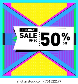 Summer and Autumn Holiday sale memphis style web banner. Fashion and travel discount poster. Vector holiday Abstract colorful illustration with special offer and promotion.