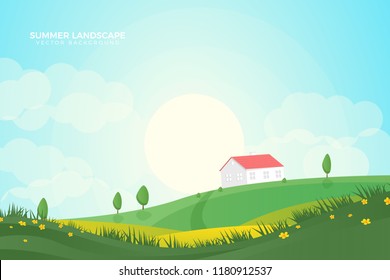 Summer Or Autumn Landscape Sunrise On Hillside