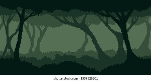 Summer or autumn night forest - horizontal seamless pixelated backdrop for 8-bit games. Can be used as pixel background for creating levels, Halloween wallpapers etc.