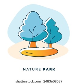 Summer or autumn park and public garden landscape icon with decorative green trees and bushes, for nature or leisure theme