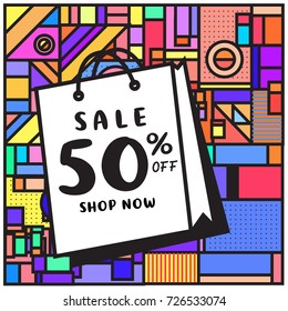 Summer and Autumn sale memphis style web banner. Fashion and travel discount poster. Vector holiday Abstract colorful illustration with special offer and promotion.