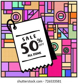 Summer and Autumn sale memphis style web banner. Fashion and travel discount poster. Vector holiday Abstract colorful illustration with special offer and promotion.