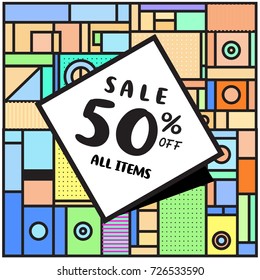 Summer and Autumn sale memphis style web banner. Fashion and travel discount poster. Vector holiday Abstract colorful illustration with special offer and promotion.