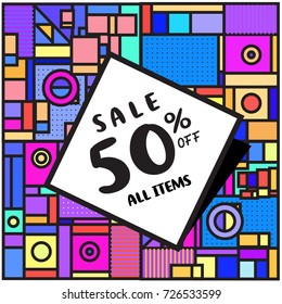 Summer and Autumn sale memphis style web banner. Fashion and travel discount poster. Vector holiday Abstract colorful illustration with special offer and promotion.