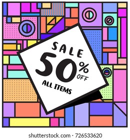 Summer and Autumn sale memphis style web banner. Fashion and travel discount poster. Vector holiday Abstract colorful illustration with special offer and promotion.
