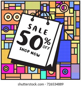 Summer and Autumn sale memphis style web banner. Fashion and travel 50% discount poster. Vector holiday Abstract colorful illustration with special offer and promotion.