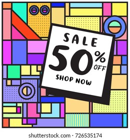Summer and Autumn sale memphis style web banner. Fashion and travel 50% discount poster. Vector holiday Abstract colorful illustration with special offer and promotion.