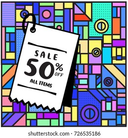 Summer and Autumn sale memphis style web banner. Fashion and travel 50% discount poster. Vector holiday Abstract colorful illustration with special offer and promotion.