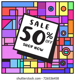 Summer and Autumn sale memphis style web banner. Fashion and travel discount poster. Vector holiday Abstract colorful illustration with special offer and promotion.