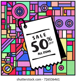 Summer and Autumn sale memphis style web banner. Fashion and travel discount poster. Vector holiday Abstract colorful illustration with special offer and promotion.