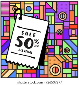 Summer and Autumn sale memphis style web banner. Fashion and travel discount poster. Vector holiday Abstract colorful illustration with special offer and promotion.