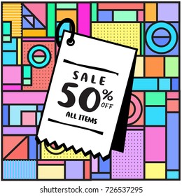 Summer and Autumn sale memphis style web banner. Fashion and travel discount poster. Vector holiday Abstract colorful illustration with special offer and promotion.