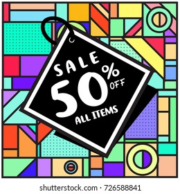 Summer and Autumn sale memphis style web banner. Fashion and travel discount poster. Vector holiday Abstract colorful illustration with special offer and promotion.