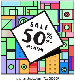 Summer and Autumn sale memphis style web banner. Fashion and travel discount poster. Vector holiday Abstract colorful illustration with special offer and promotion.