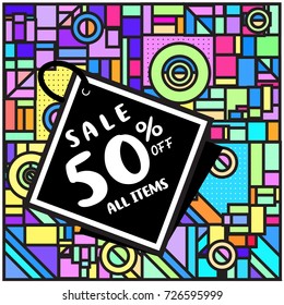 Summer and Autumn sale memphis style web banner. Fashion and travel 50% discount poster. Vector holiday Abstract colorful illustration with special offer and promotion.