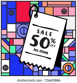Summer and Autumn sale memphis style web banner. Fashion and travel discount poster. Vector holiday Abstract colorful illustration with special offer and promotion.