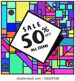 Summer and Autumn sale memphis style web banner. Fashion and travel discount poster. Vector holiday Abstract colorful illustration with special offer and promotion.