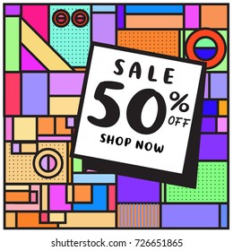 Summer and Autumn sale memphis style web banner. Fashion and travel discount poster. Vector holiday Abstract colorful illustration with special offer and promotion.