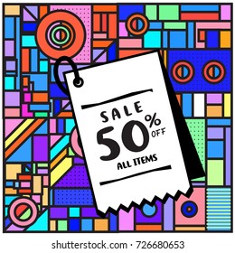 Summer and Autumn sale memphis style web banner. Fashion and travel discount poster. Vector holiday Abstract colorful illustration with special offer and promotion.
