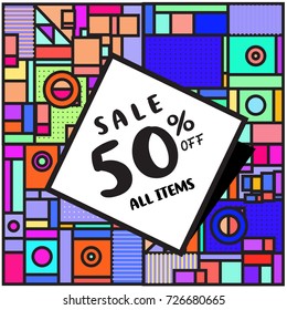 Summer and Autumn sale memphis style web banner. Fashion and travel discount poster. Vector holiday Abstract colorful illustration with special offer and promotion.
