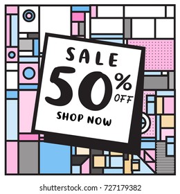 Summer and Autumn sale memphis style web banner. Fashion and travel discount poster. Vector holiday Abstract colorful illustration with special offer and promotion.