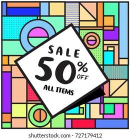 Summer and Autumn sale memphis style web banner. Fashion and travel discount poster. Vector holiday Abstract colorful illustration with special offer and promotion.